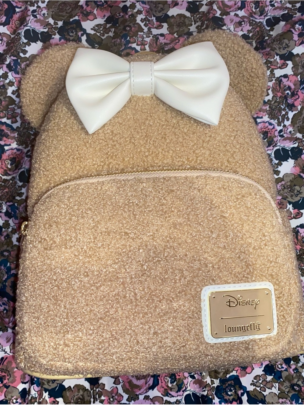 Loungefly Teddy Sherpa Backpack in Tan with Cream Bow